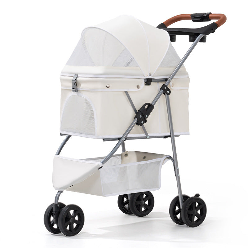 Three-wheel foldable pet stroller with tray