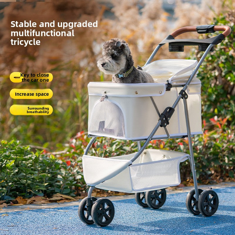 Three-wheel foldable pet stroller with tray