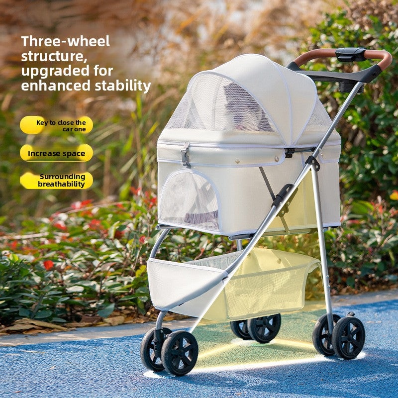 Three-wheel foldable pet stroller with tray