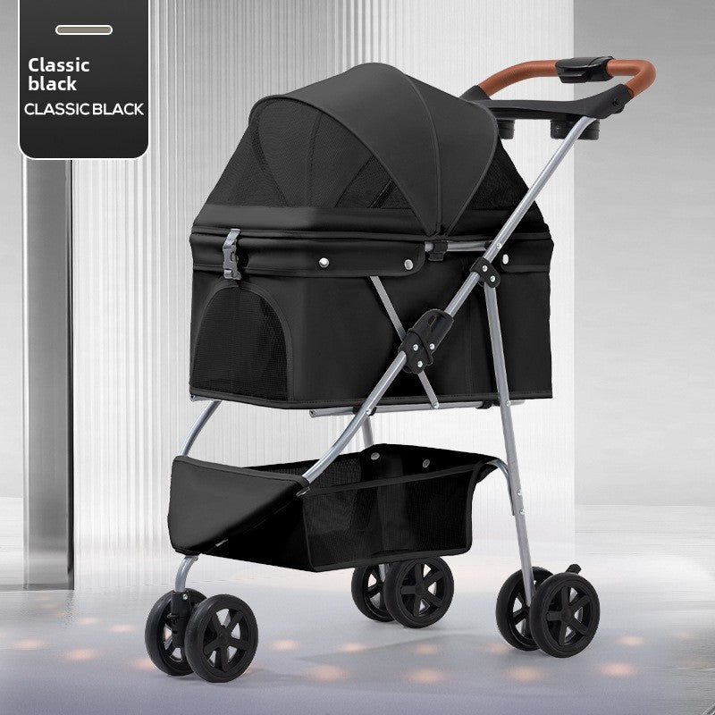Three-wheel foldable pet stroller with tray